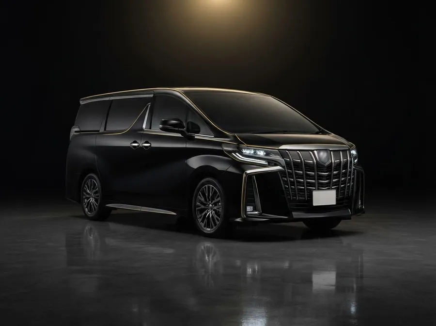Black Toyota Alphard luxury MPV in a dark studio