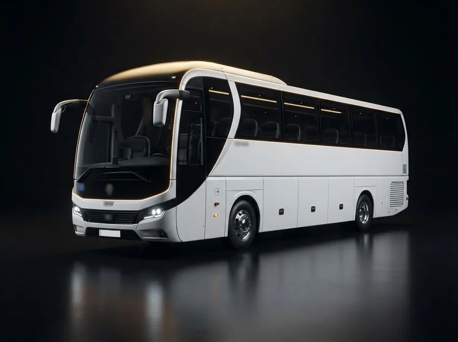 White 45-seater luxury coach in a dark studio