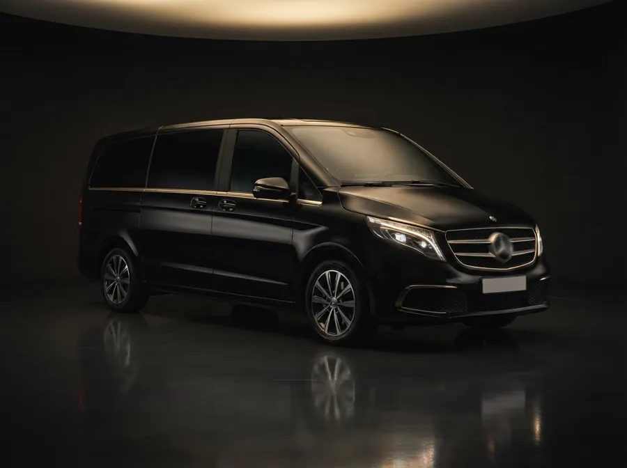 Black Mercedes-Benz V-Class van in a dark studio