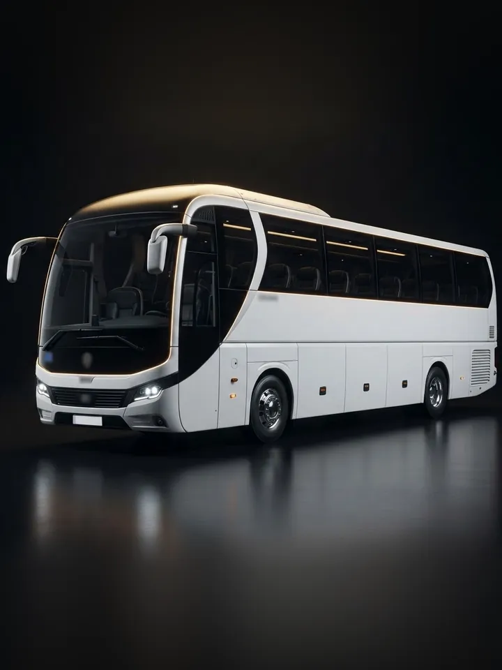 White 45-seater luxury coach in a dark studio