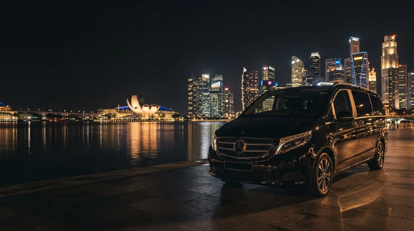 Black luxury MPV on the Marina Bay waterfront at night