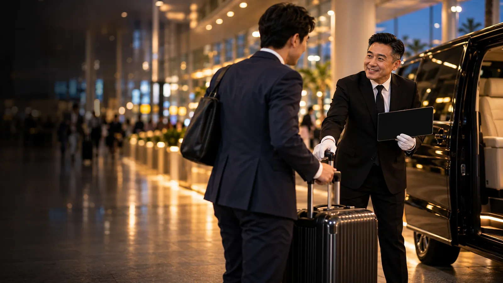 Uniformed chauffeur greeting a business traveller with luggage in an airport arrival hall