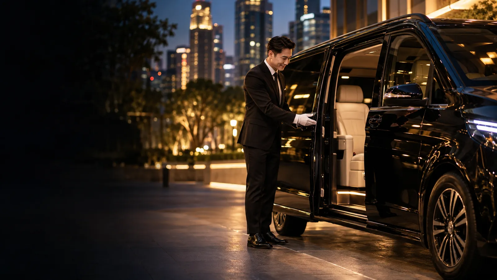 Uniformed chauffeur opening the rear door of a black Mercedes-Benz V-Class at dusk