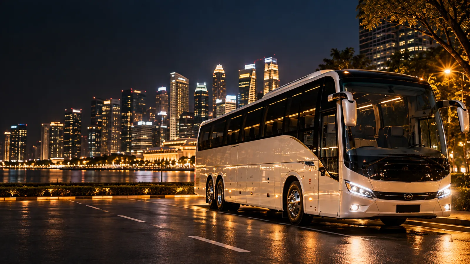 White 45-seater luxury coach parked on a Singapore boulevard at night