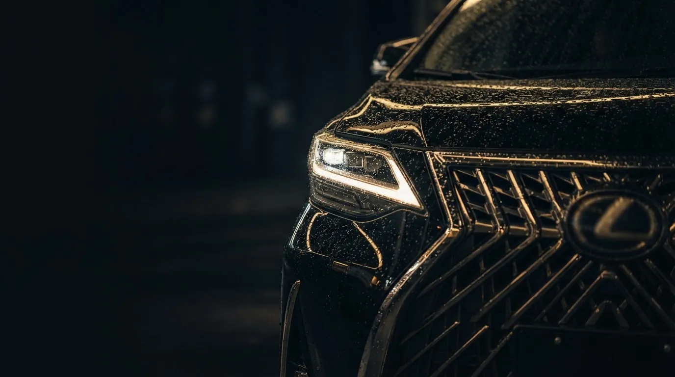 Close-up of a black luxury MPV headlight at night