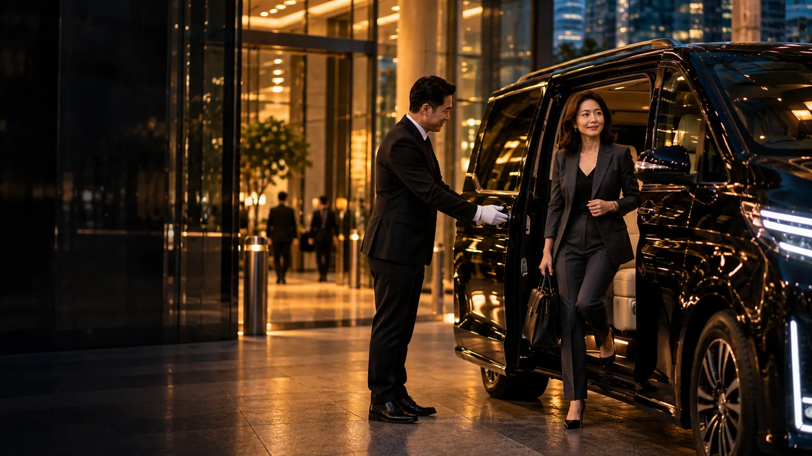 Executive stepping out of a black MPV held by a chauffeur at an office tower