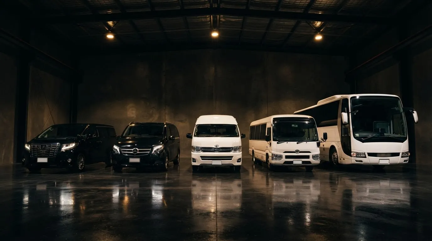 Chauffeur fleet lined up in a dark garage: two black MPVs, a white van, a minibus and a coach