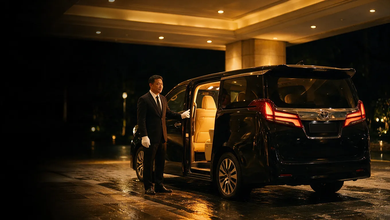 Uniformed chauffeur beside a black Toyota Alphard with its door open at a Singapore hotel at night