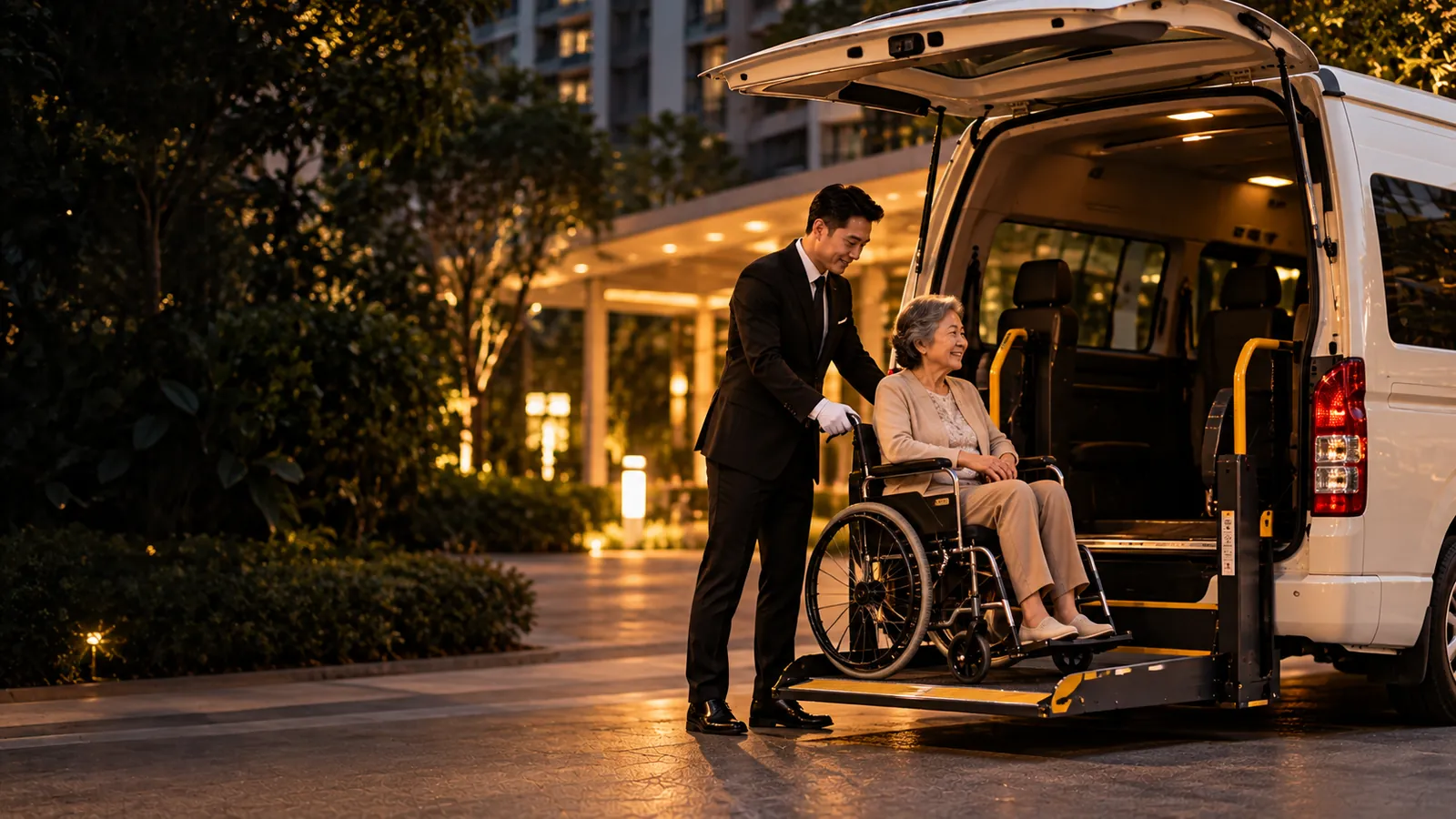 Chauffeur helping an elderly woman in a wheelchair onto the lift of a white Toyota Hiace