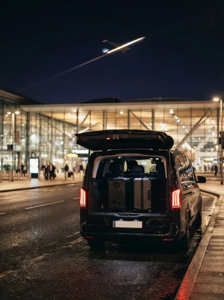 Black MPV loaded with luggage at an airport kerb at night