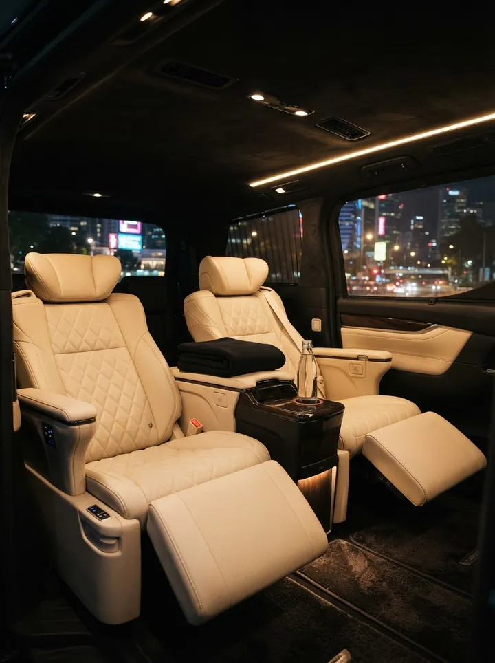Luxury MPV cabin with cream captain seats at night