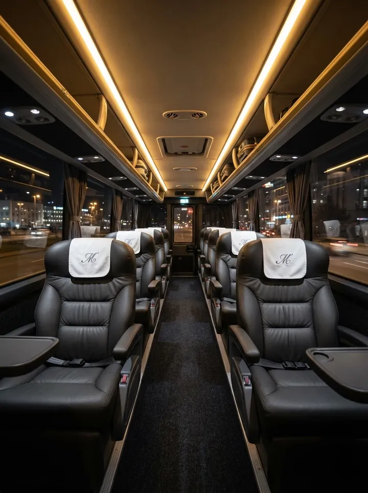 Aisle of a luxury coach with plush reclining seats