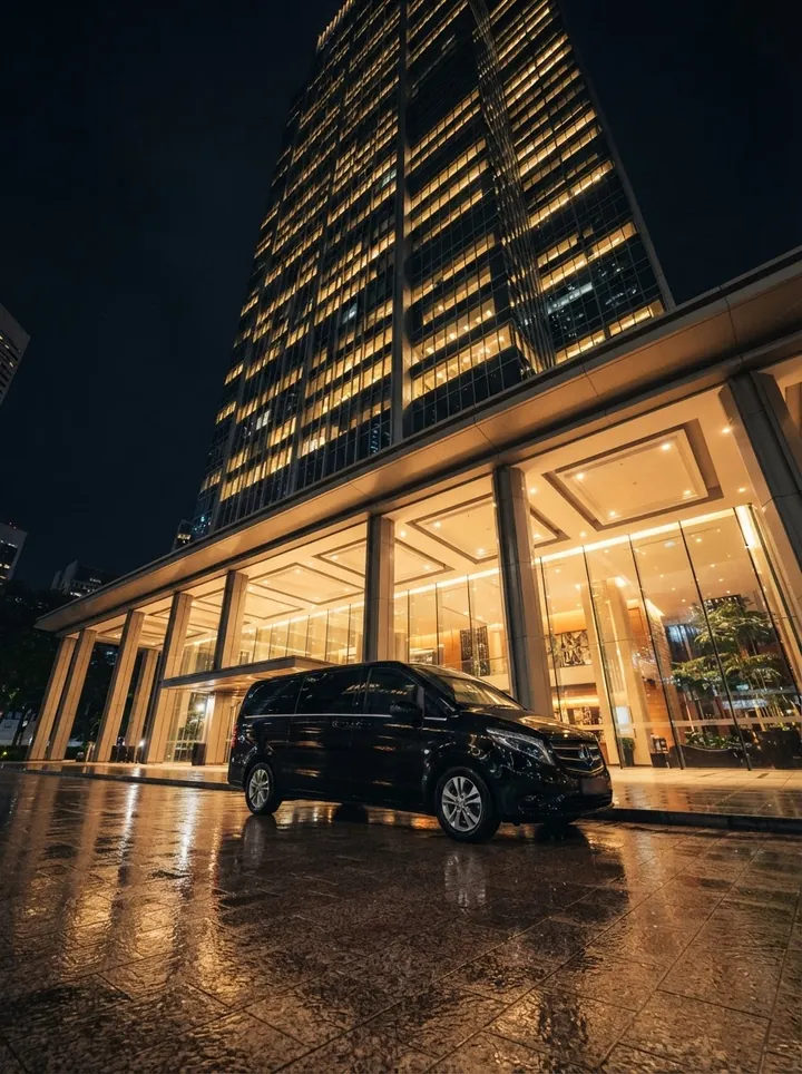 Black Mercedes-Benz V-Class waiting at an office tower lobby