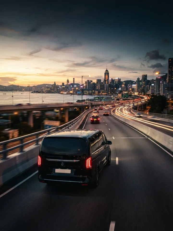 Black MPV on a highway towards a city skyline at dusk