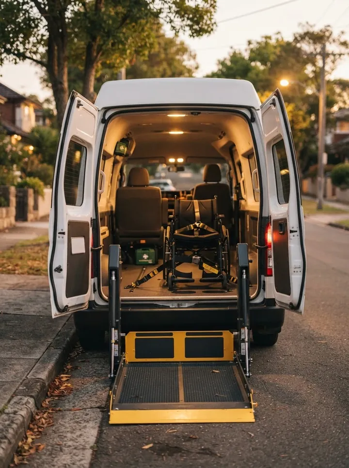 Van with a wheelchair lift lowered to the kerb